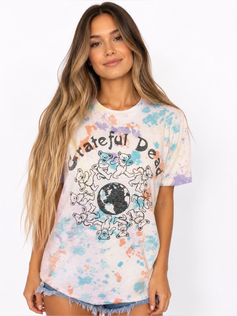 Junk Food Grateful Dead Dancing Bears Earth Tie Dye Graphic Tee XS 100% Cotton